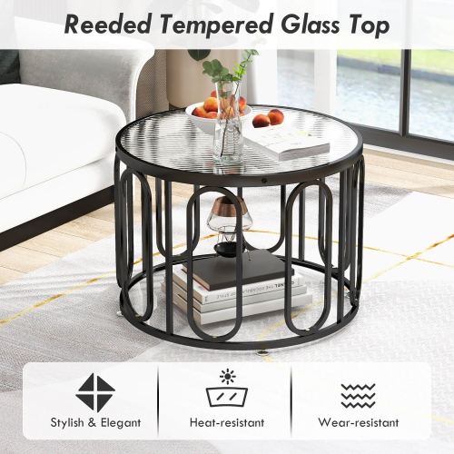 Gymax 2-Tier 24'' Round Coffee Table w/ Oval Swivel Brackets & Reeded Tempered Glass