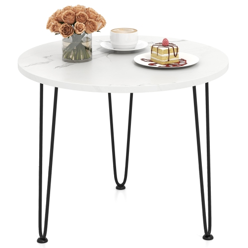 GYMAX  Small Round Coffee Table W/ Thickened Tabletop & Metal Tripod Legs Faux Marble In White