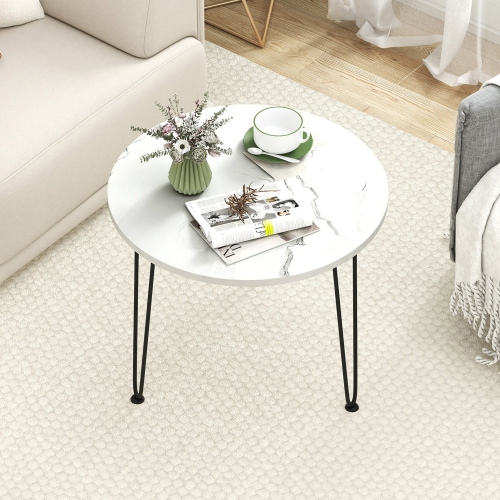 Gymax Small Round Coffee Table w/ Thickened Tabletop & Metal Tripod Legs Faux Marble White