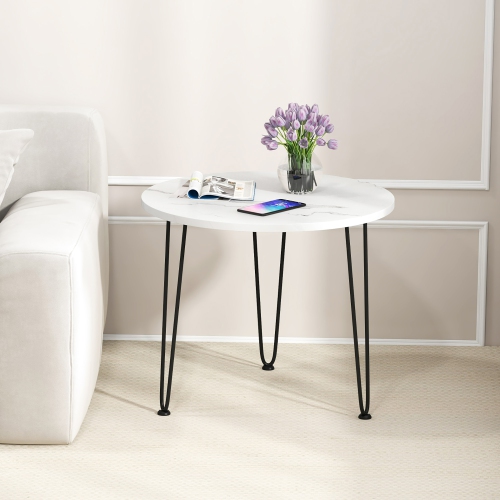 Gymax Small Round Coffee Table w/ Thickened Tabletop & Metal Tripod Legs Faux Marble White