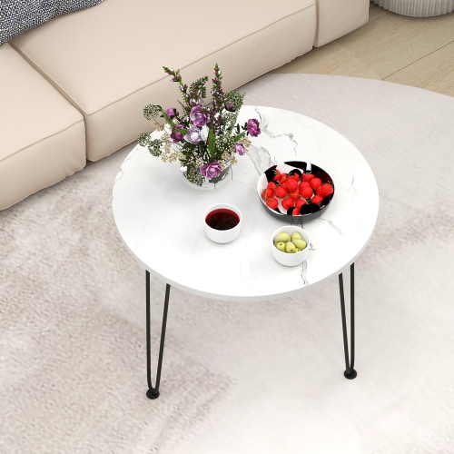 Gymax Small Round Coffee Table w/ Thickened Tabletop & Metal Tripod Legs Faux Marble White