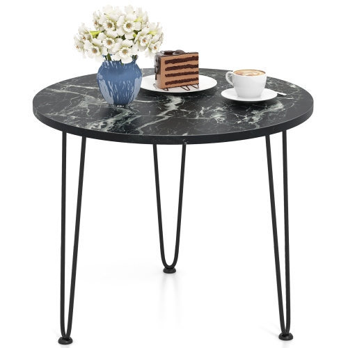 GYMAX  Small Round Coffee Table W/ Thickened Tabletop & Metal Tripod Legs Faux Marble In Black