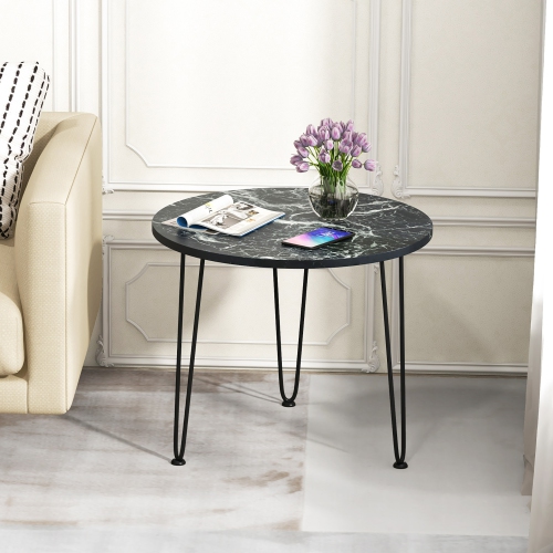 Gymax Small Round Coffee Table w/ Thickened Tabletop & Metal Tripod Legs Faux Marble Black