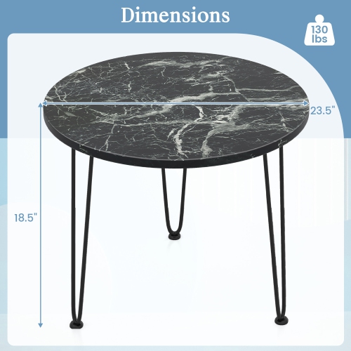 Gymax Small Round Coffee Table w/ Thickened Tabletop & Metal Tripod Legs Faux Marble Black