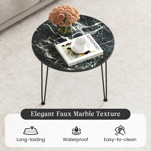 Gymax Small Round Coffee Table w/ Thickened Tabletop & Metal Tripod Legs Faux Marble Black