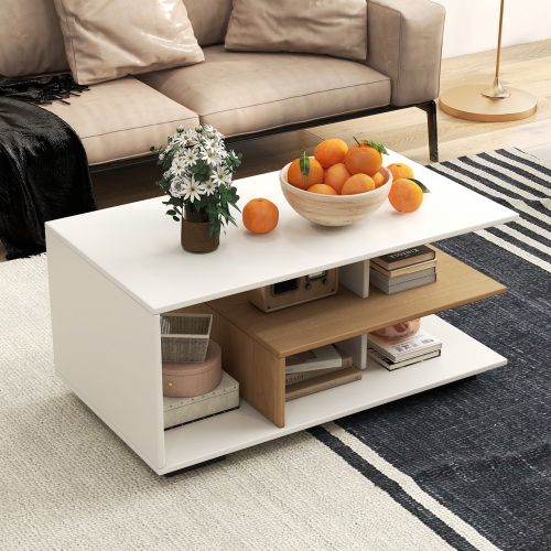 Gymax Geometric Coffee Table w/ Storage Shelves 3-Tier Rectangular Tea Table