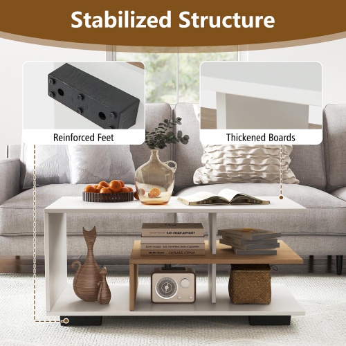 Gymax Geometric Coffee Table w/ Storage Shelves 3-Tier Rectangular Tea Table