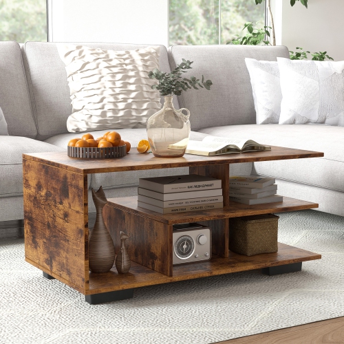 Gymax Geometric Coffee Table w/ Storage Shelves 3-Tier Rectangular Tea Table