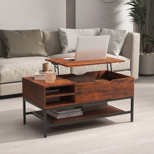 Gymax Lift Top Coffee Table w/ Hidden Compartment & Removable Storage Shelf Metal Frame