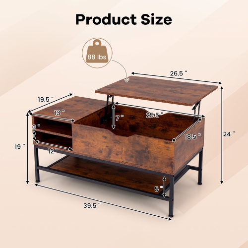 Gymax Lift Top Coffee Table w/ Hidden Compartment & Removable Storage Shelf Metal Frame