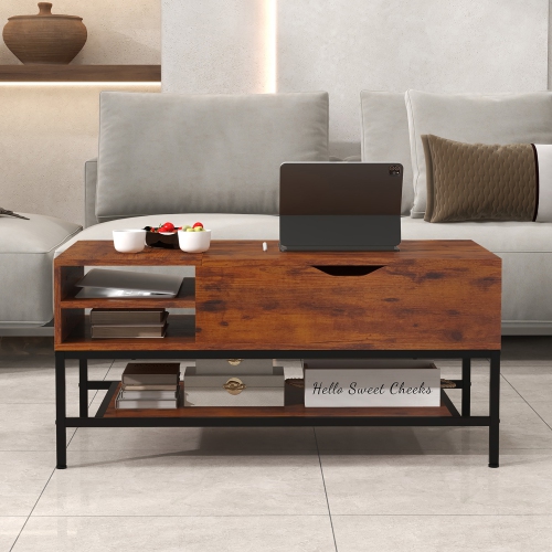 Gymax Lift Top Coffee Table w/ Hidden Compartment & Removable Storage Shelf Metal Frame
