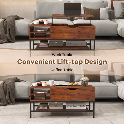 Gymax Lift Top Coffee Table w/ Hidden Compartment & Removable Storage Shelf Metal Frame