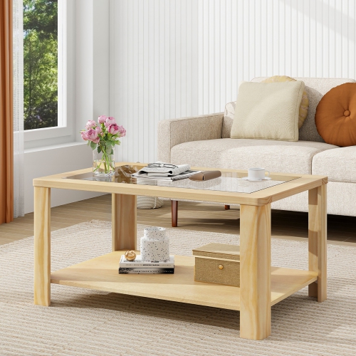 Gymax 2-Tier Coffee Table w/ Tempered Glass Tabletop & Storage Shelf Rounded Corners