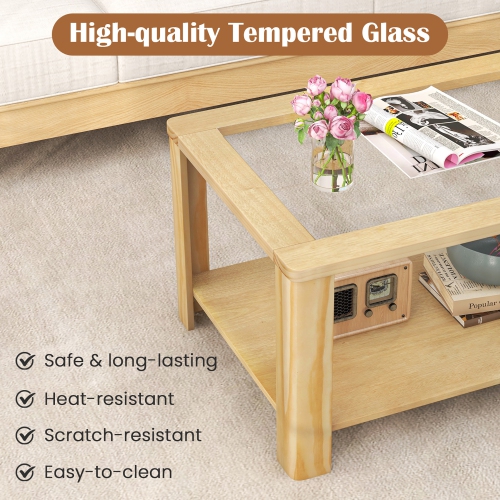 Gymax 2-Tier Coffee Table w/ Tempered Glass Tabletop & Storage Shelf Rounded Corners