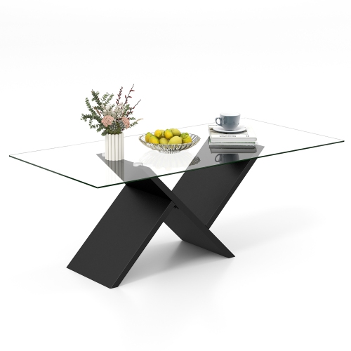 GYMAX  47" Rectangle Glass Coffee Table W/ Tempered Glass Tabletop & Geometric