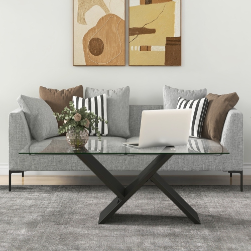 Gymax 47'' Rectangle Glass Coffee Table w/ Tempered Glass Tabletop & Geometric