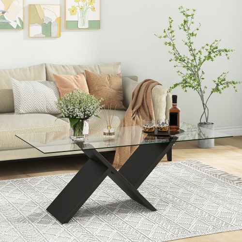 Gymax 47'' Rectangle Glass Coffee Table w/ Tempered Glass Tabletop & Geometric
