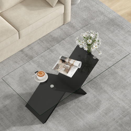 Gymax 47'' Rectangle Glass Coffee Table w/ Tempered Glass Tabletop & Geometric