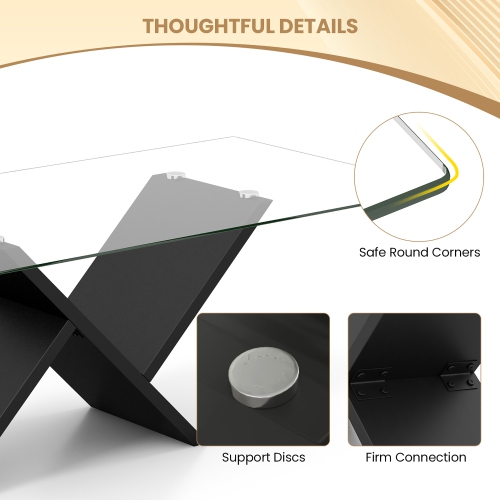 Gymax 47'' Rectangle Glass Coffee Table w/ Tempered Glass Tabletop & Geometric