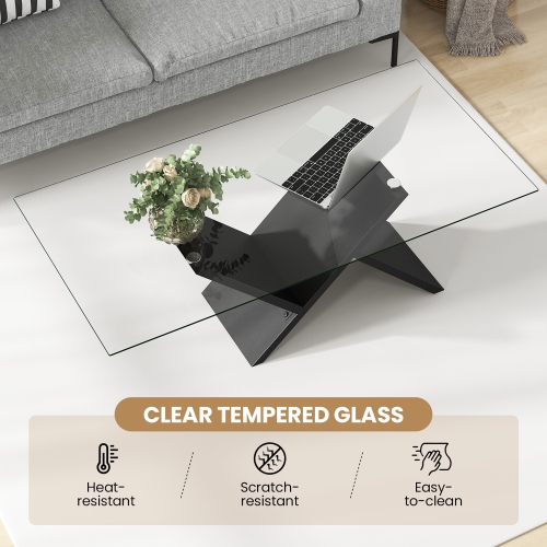 Gymax 47'' Rectangle Glass Coffee Table w/ Tempered Glass Tabletop & Geometric
