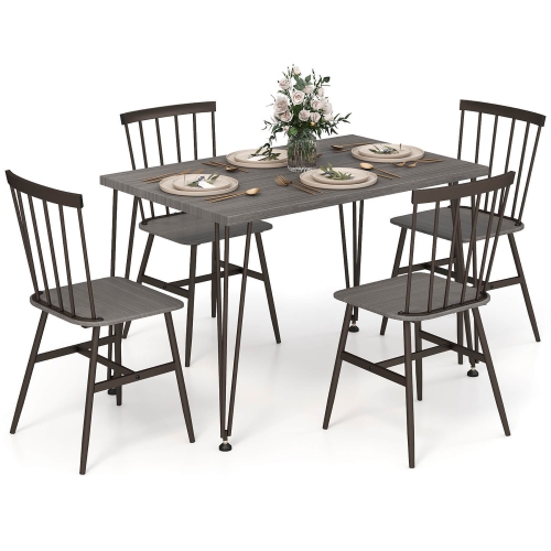 Gymax 5PCS Dining Table Set for 4 Rectangular Kitchen Table & 4 Chairs w/ Metal Frame Grey Oak