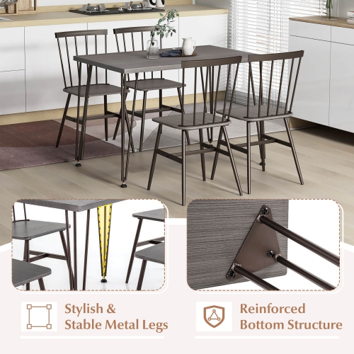 Gymax 5PCS Dining Table Set for 4 Rectangular Kitchen Table & 4 Chairs w/ Metal Frame Grey Oak