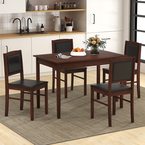 Gymax 5 PCS Dining Table Set for 4 w/Rubber Wood Legs Upholstered Seat Padded Backrest