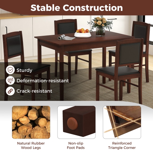 Gymax 5 PCS Dining Table Set for 4 w/Rubber Wood Legs Upholstered Seat Padded Backrest