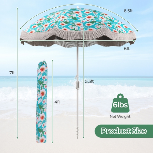 Gymax 6.5 FT Beach Umbrella w/ Fringe Tassel Umbrella w/ Push Button Tilt Sand Anchor