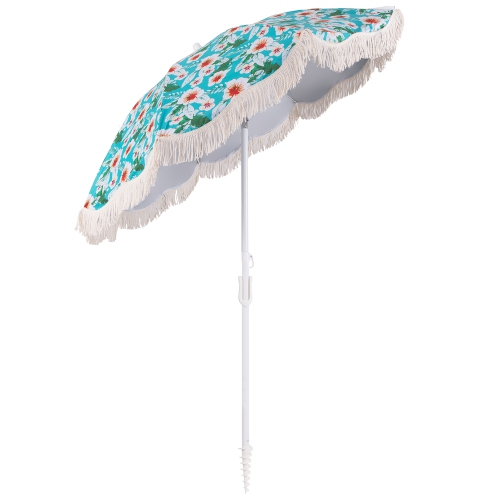 Gymax 6.5 FT Beach Umbrella w/ Fringe Tassel Umbrella w/ Push Button Tilt Sand Anchor