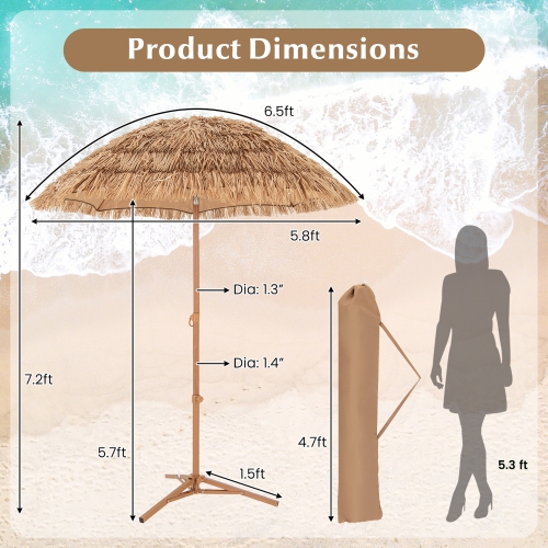 Gymax 6.5 FT Thatched Tiki Umbrella w/ Foldable Stand Hawaiian Style Beach Umbrella Natural
