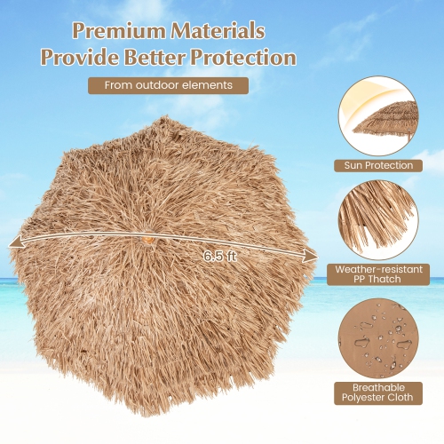 Gymax 6.5 FT Thatched Tiki Umbrella w/ Foldable Stand Hawaiian Style Beach Umbrella Natural