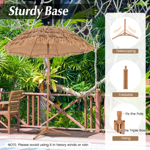Gymax 6.5 FT Thatched Tiki Umbrella w/ Foldable Stand Hawaiian Style Beach Umbrella Natural
