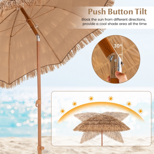 Gymax 6.5 FT Thatched Tiki Umbrella w/ Foldable Stand Hawaiian Style Beach Umbrella Natural