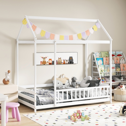 Gymax Twin Size House Bed w/ Roof & Full-length Safety Guardrail Playhouse Bed Frame
