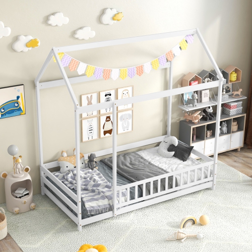 Gymax Twin Size House Bed w/ Roof & Full-length Safety Guardrail Playhouse Bed Frame