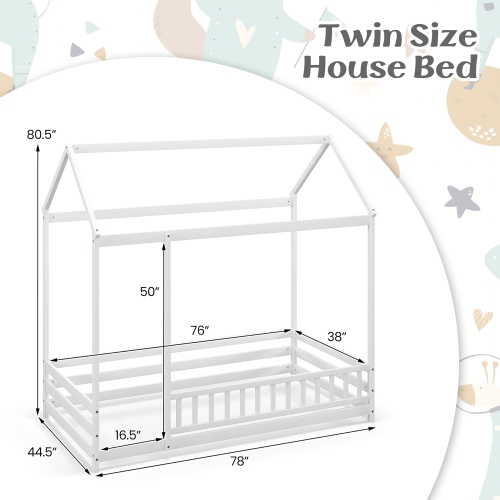 Gymax Twin Size House Bed w/ Roof & Full-length Safety Guardrail Playhouse Bed Frame