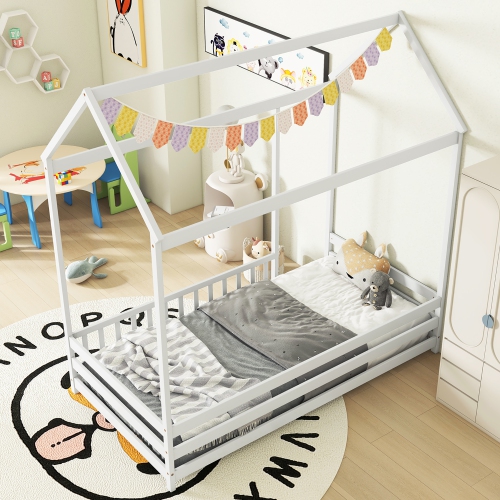 Gymax Twin Size House Bed w/ Roof & Full-length Safety Guardrail Playhouse Bed Frame