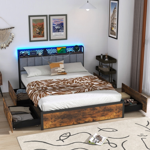 Gymax LED Bed Frame Twin/Full/Queen Size w/ Charging Station Upholstered Headboard 4 Drawers