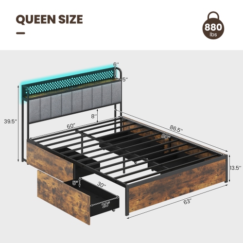 Gymax LED Bed Frame Twin/Full/Queen Size w/ Charging Station Upholstered Headboard 4 Drawers