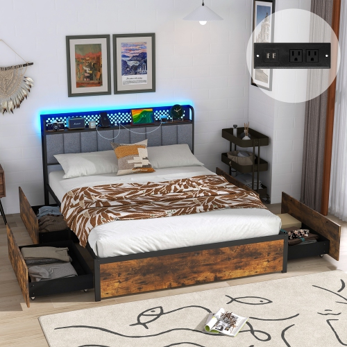 Gymax LED Bed Frame Twin/Full/Queen Size w/ Charging Station Upholstered Headboard 4 Drawers