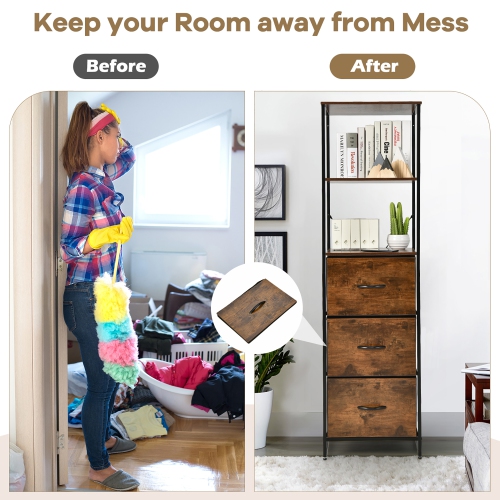 Costway Vertical 3 Drawer Dresser w/ 3 Shelves Tall Storage Tower Chest Freestanding