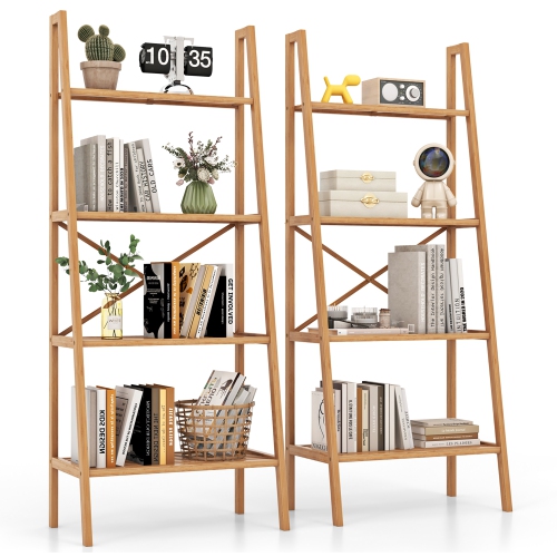 Gymax 2PCS 4-Tier Bamboo Ladder Bookshelf 58'' Display Shelf Storage Rack Plant Stand