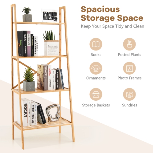 Gymax 2PCS 4-Tier Bamboo Ladder Bookshelf 58'' Display Shelf Storage Rack Plant Stand