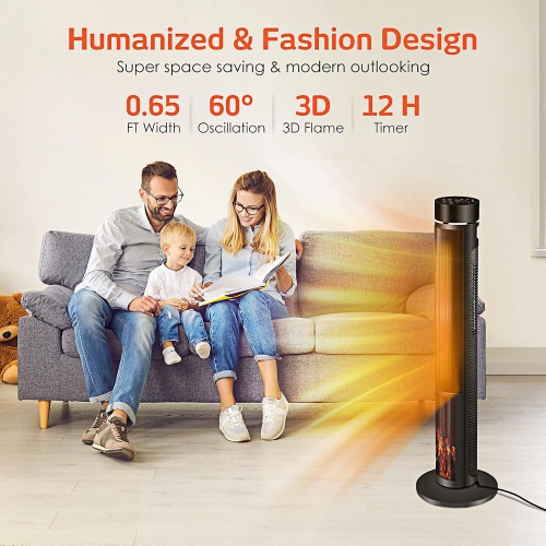 Nordic Hygge Ceramic Tower Space Heater with Thermostat, Fast Heating, 3D Realistic Flame, Oscillating and Remote Control