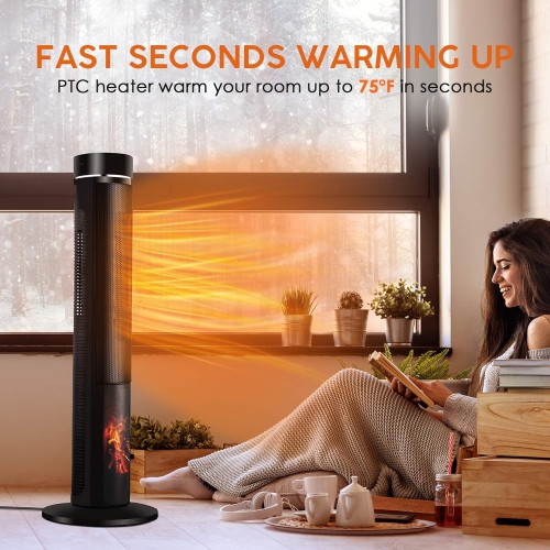 Nordic Hygge Ceramic Tower Space Heater with Thermostat, Fast Heating, 3D Realistic Flame, Oscillating and Remote Control