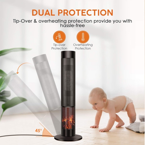 Nordic Hygge Ceramic Tower Space Heater with Thermostat, Fast Heating, 3D Realistic Flame, Oscillating and Remote Control