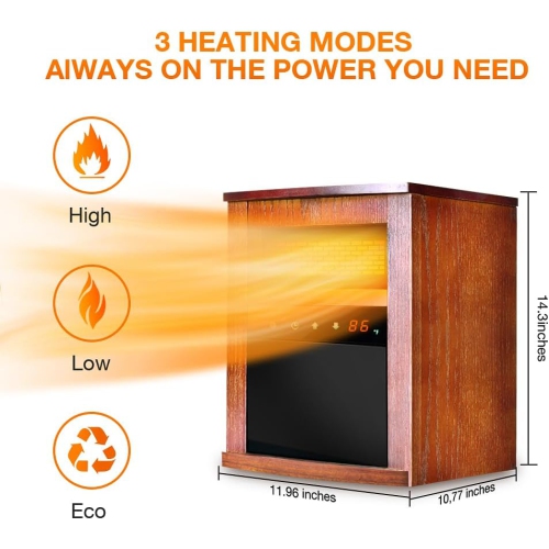 Chaufferette électrique 1500&nbsp;W de Nordic Hygge avec mode chauffage 3, thermostat, télécommande et minuterie 12&nbsp;h en noyer foncé