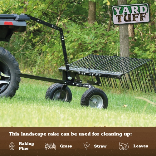 Yard Tuff 60" Pine Straw ATV Tow Behind Steel Landscape Rake w/ Wheels & Handle