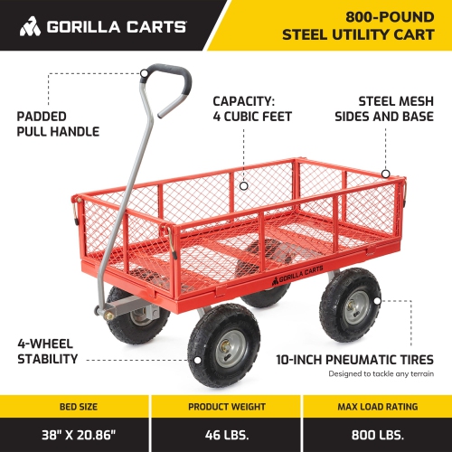 Gorilla Cart 800 Pound Capacity Heavy Duty Steel Mesh Utility Wagon Cart, Red